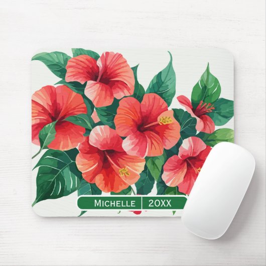 Elegantes Tropical Hawaii Hibiskus Green Monogram Mousepad (Mit Mouse)