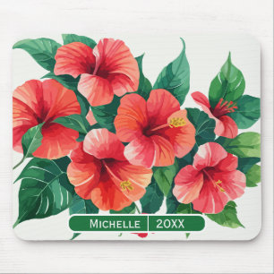 Elegantes Tropical Hawaii Hibiskus Green Monogram Mousepad