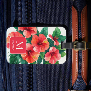 Elegantes Tropical Hawaii Hibiskus Red Monogram Gepäckanhänger