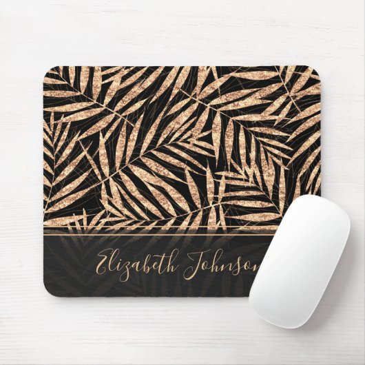 Elegantes Tropical Palm Blätter Schwarzes Design Mousepad (Mit Mouse)