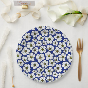 Elegantes tropisches Blau-Weiß-Blumenmuster Pappteller