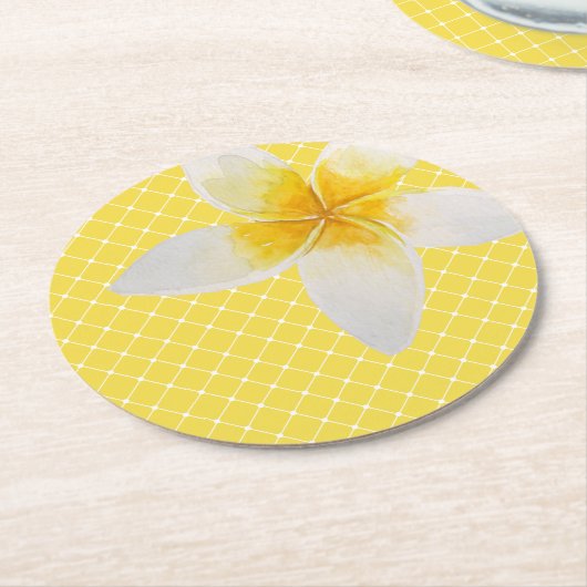 Elegantes tropisches Blume & Trellis Muster | Gelb Runder Pappuntersetzer (Angewinkelt)