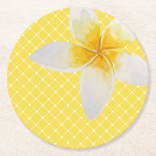 Elegantes tropisches Blume & Trellis Muster | Gelb Runder Pappuntersetzer (Vorderseite)