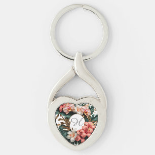 Elegantes tropisches Blumenmonogramm-Herzschlüssel Schlüsselanhänger