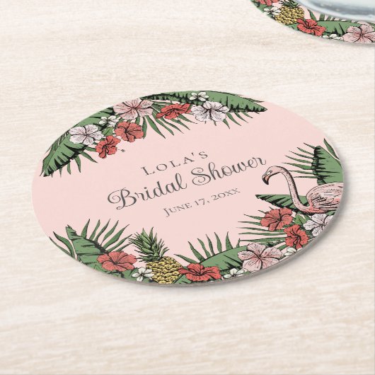 Elegantes Tropisches Flamingo & Hibiskus Brautpart Runder Pappuntersetzer (Angewinkelt)