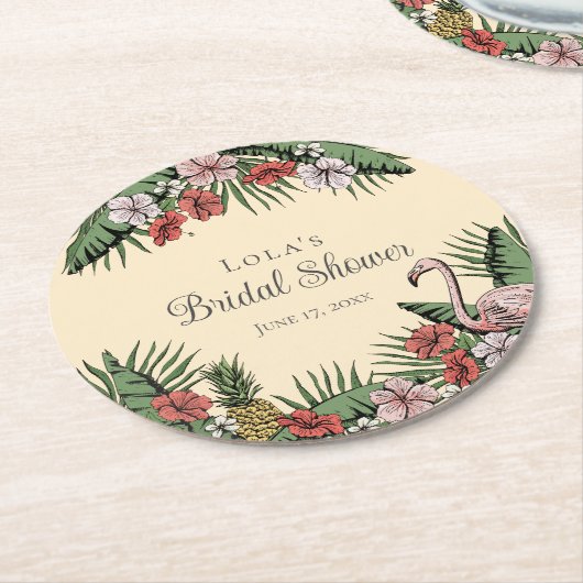 Elegantes Tropisches Flamingo & Hibiskus Brautpart Runder Pappuntersetzer (Angewinkelt)