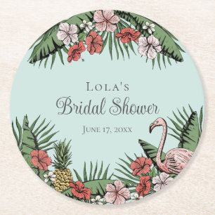 Elegantes Tropisches Flamingo & Hibiskus Brautpart Runder Pappuntersetzer