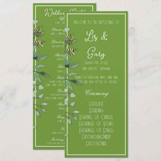 Elegantes tropisches grünes Hochzeitsprogramm Programm (Vorne/Hinten)