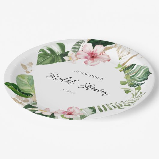 Elegantes tropisches Monstera Brautparty Pappteller (Schrägansicht)