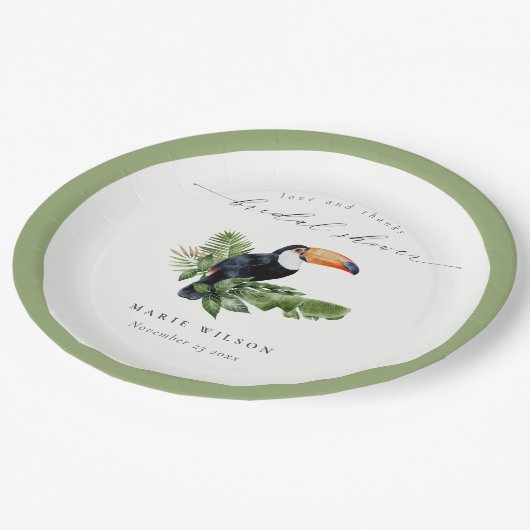 Elegantes tropisches Regenwald Toucan Brautparty Pappteller (Schrägansicht)