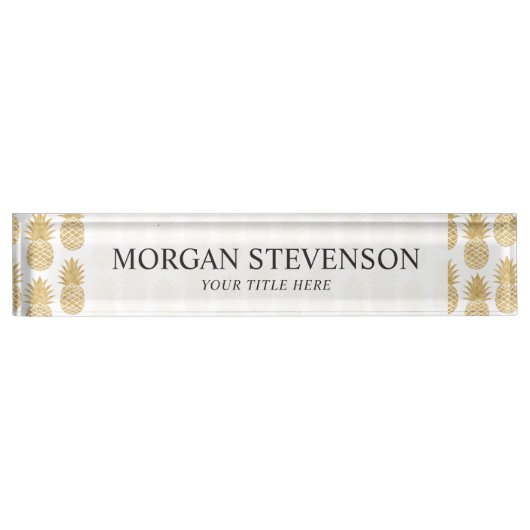 Elegantes tropisches weißes Goldananas-Muster Namensplakette (Vorderseite)
