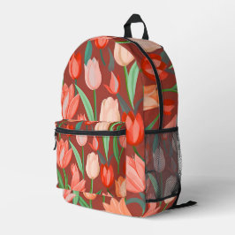 Elegantes Tulpen-Blumenmuster – Rot und Pfirsich F Bedruckter Rucksack