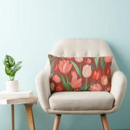 Elegantes Tulpen-Blumenmuster – Rot und Pfirsich F Lendenkissen