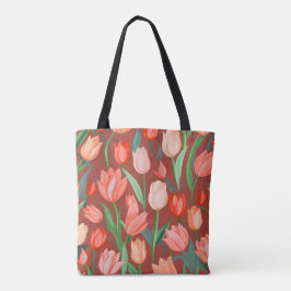 Elegantes Tulpen-Blumenmuster – Rot und Pfirsich F Tasche