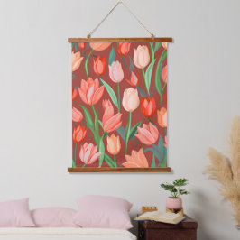 Elegantes Tulpen-Blumenmuster – Rot und Pfirsich F Wandteppich Mit Holzrahmen