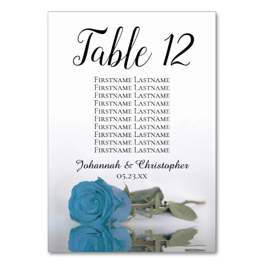 Elegantes Türkis Blue Rose Seating Chart Hochzeit Tischnummer (Rückseite)