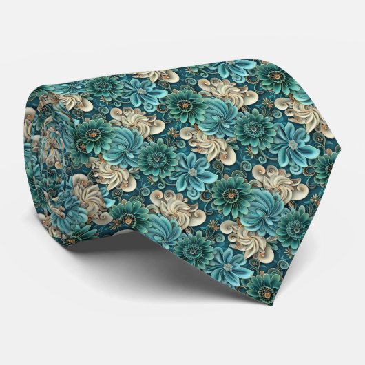 Elegantes Türkis Blumenfliesenmuster  Krawatte (Gerollt)