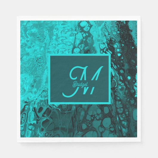 Elegantes Türkis Fluid Script Monogramm Art Serviette (Vorderseite)