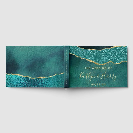 Elegantes Türkis & Gold Agate Hochzeit Gästebuch (Voll)