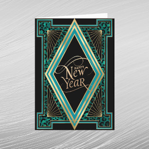 Elegantes Türkis-Gold Art Deco Neujahr Feiertagskarte