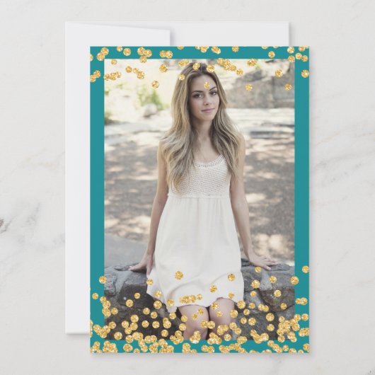 Elegantes Türkis Gold Confetti Foto Sweet 16 Einladung (Rückseite)