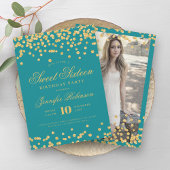 Elegantes Türkis Gold Confetti Foto Sweet 16 Einladung