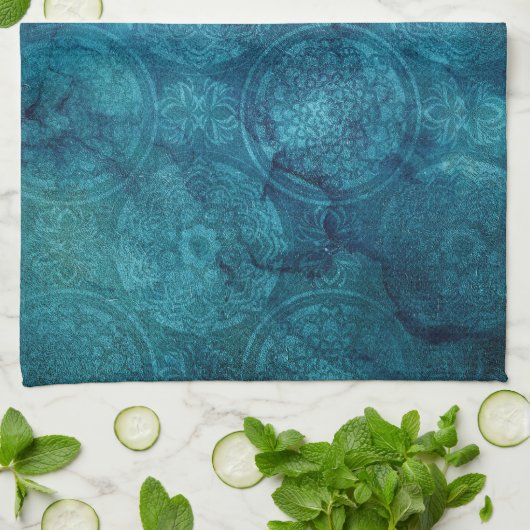 Elegantes Türkis Mandala Wasserfarbenes Muster Geschirrtuch (Gefaltet)
