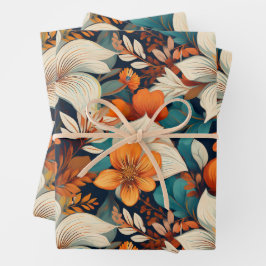 Elegantes Türkis Orange Blume Muster floral Geschenkpapier Set