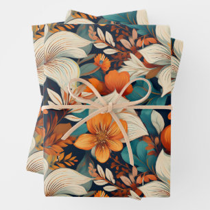 Elegantes Türkis Orange Blume Muster floral Geschenkpapier Set