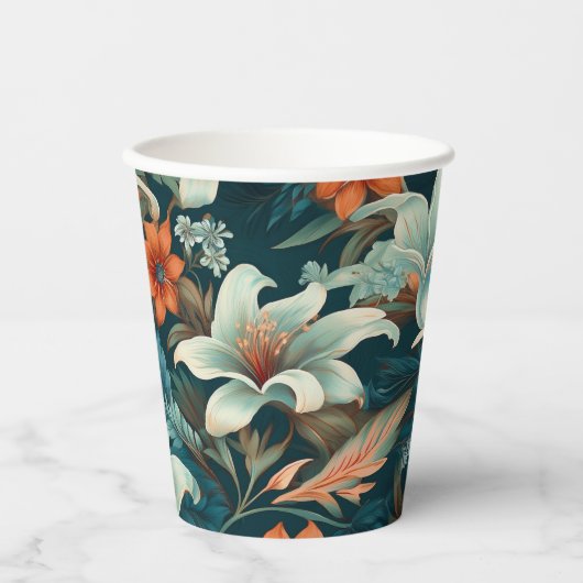 Elegantes Türkis Orange Blume Muster floral Pappbecher (Vorderseite)