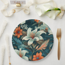 Elegantes Türkis Orange Blume Muster floral Pappteller