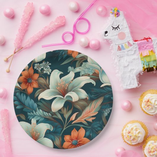 Elegantes Türkis Orange Blume Muster floral Pappteller (Party)