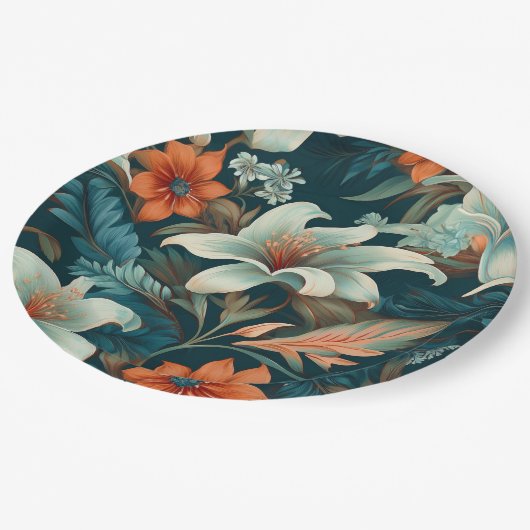 Elegantes Türkis Orange Blume Muster floral Pappteller (Schrägansicht)