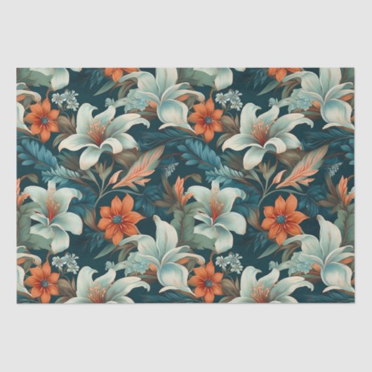 Elegantes Türkis Orange Blume Muster floral Seidenpapier (Vorderseite)