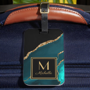 Elegantes Türkis-Schwarz-Gold-Monogramm Anfangsbuc Gepäckanhänger