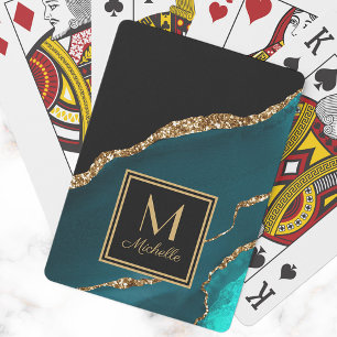 Elegantes Türkis-Schwarz-Gold-Monogramm Anfangsbuc Spielkarten