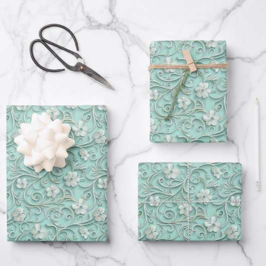Elegantes Türkis-Strudel-Blumenmuster Geschenkpapier Set (Vorderseite)