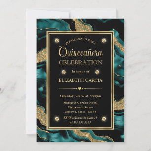 Elegantes Türkis und Gold Glitter Achat Quinceaner Einladung