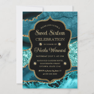 Elegantes Türkis- und Gold-Glitter-Achat Sweet Six Einladung