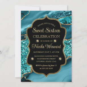 Elegantes Türkis- und Gold-Glitter-Achat Sweet Six Einladung