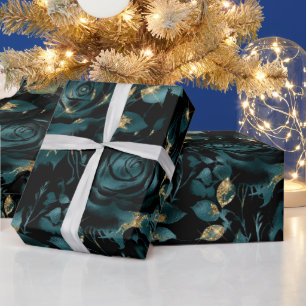Elegantes Türkis- und Goldrosen-Blumenmuster Geschenkpapier