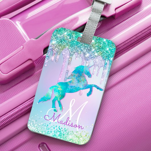 Elegantes Türkis Unicorn Glitzer Tropfen Monogramm Gepäckanhänger