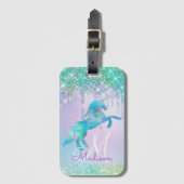 Elegantes Türkis Unicorn Glitzer Tropfen Monogramm Gepäckanhänger (Vorderseite Vertikal)