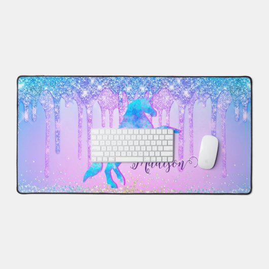 Elegantes Türkis Unicorn Glitzer Tropfen Monogramm Schreibtischunterlage (Tastatur & Maus)