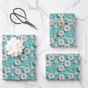 Elegantes türkises Strudelmuster mit Blumen  Geschenkpapier Set