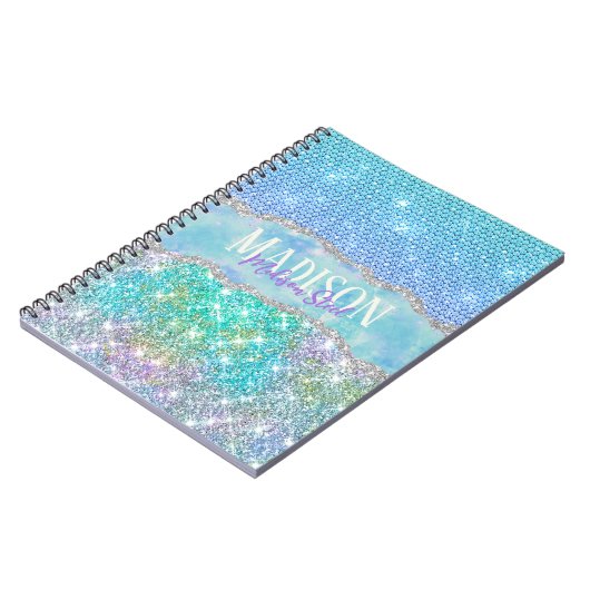 Elegantes Türkisfarbenes Einhorn-Imitat Glitzer Mo Notizblock (Linke Seite)