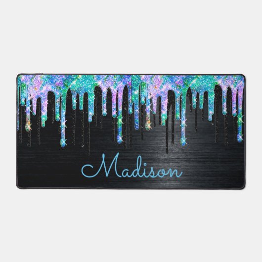 Elegantes, türkisfarbenes Einhorn-Tropfen-Monogram Schreibtischunterlage (Vorderseite)