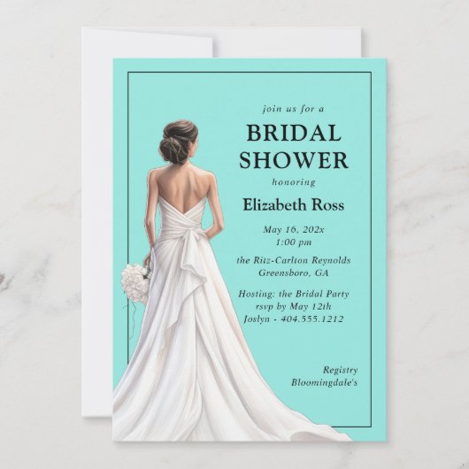 Elegantes türkisfarbenes Hochzeitsgown-Brautparty Einladung (Vorderseite)