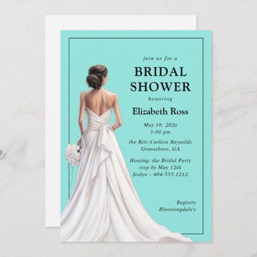 Elegantes türkisfarbenes Hochzeitsgown-Brautparty Einladung (Vorne/Hinten)