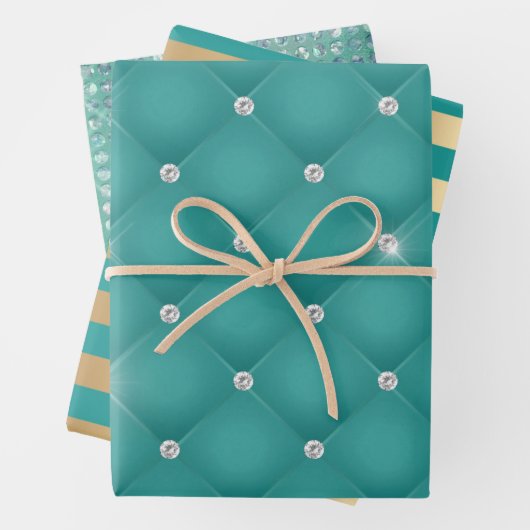 Elegantes Turquoise Gold Streifen Glitzer Geschenk Geschenkpapier Set (Beispiel)